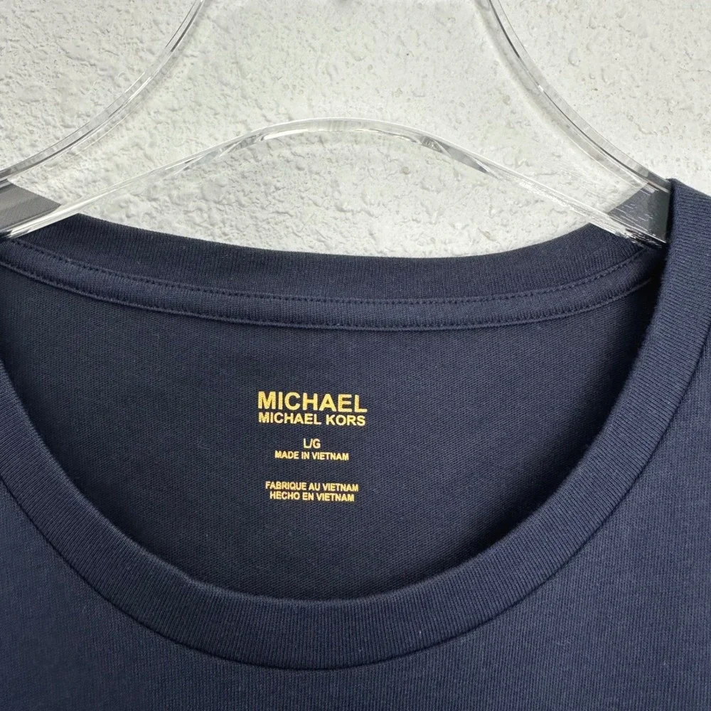 Michael Kors Studded Logo Charm Jersey T-Shirt Women Large Navy Casual NWT